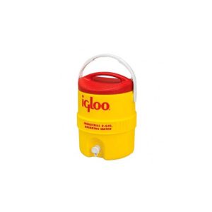 IGLOO PICHET 2 GALLIONS 400S refroidisseur d'eau jaune et rouge avec poignée et robinet blancs sur fond blanc uni.