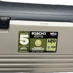 Glacière IGLOO SPORTMANN 113L avec couvercle gris, corps beige, deux loquets noirs, et étiquette frontale indiquant une rétention de glace de 5 jours.