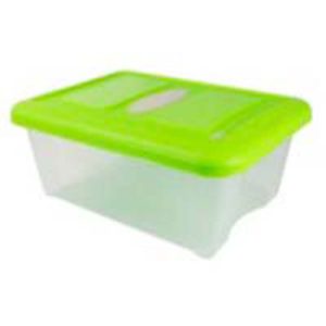 Boîte de rangement transparente 12L UgoBox beClassic avec couvercle vert vif et poignée centrale, vue informative.