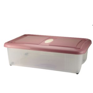 Boîte de rangement transparente Ugobox Trio 30L avec couvercle rose sécurisé et poignée centrale, adaptée à l'organisation.