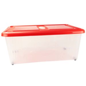 Boîte de rangement plastique transparente 40L UgoBox beClassic avec couvercle rouge, vue du produit pour référence visuelle.