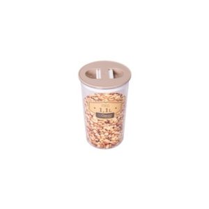 Un récipient en plastique transparent étiqueté "Paris" et d'une contenance de 1,1 litre, avec un couvercle beige, rempli de haricots ; pour le stockage des aliments.