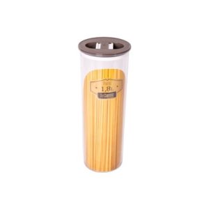 Boîte Hermétique transparente 1800ml avec couvercle marron et étiquette "Be Classic", remplie de spaghettis non cuits, sur fond blanc.