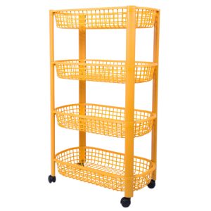 San Marina REF 2225 chariot de rangement à quatre étagères grillagées jaunes et roulettes noires pour organisation pratique.