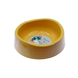 Gamelle en plastique jaune (Mangeoire Chien REF 2365) avec autocollant intérieur représentant des animaux de bande dessinée et le texte "La maison, c'est là où se trouve votre animal de compagnie".