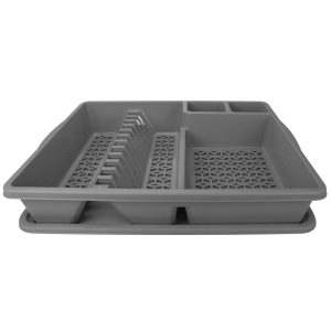 Egouttoir Assiettes - Gris REF 1981, égouttoir gris avec fentes pour assiettes et ustensiles et plateau d'égouttage séparé ; voir détails dans le texte.