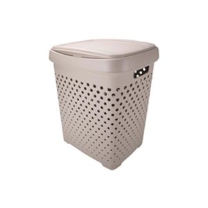 Corbeille à linge beige 50L, plastique perforé pour aération, couvercle amovible et poignées latérales intégrées.