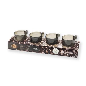 Set de quatre tasses à espresso en verre fumé, REF 2491, sur un plateau en forme de grain de café avec marquage et étiquettes. Fabriqué au Portugal.