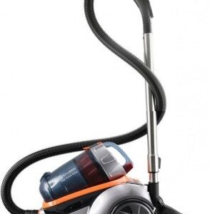 Aspirateur sans sac EMERIO 600W moderne, argent et orange, grand bac transparent, grosses roues et flexible noir avec embout au sol.