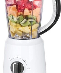 Mixeur blanc EMERIO 500W avec pichet en verre contenant des fruits coupés, prêts à être mixés ; poignée noire et bouton de commande sur le devant.