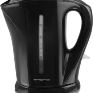 Bouilloire électrique noire Emerio 1,7L avec anse courbée, indicateur d'eau latéral et couvercle ; posée sur un plan de cuisine.