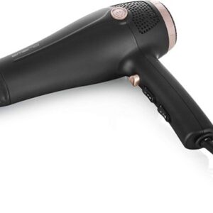 Sèche-cheveux EMERIO SECHE CHEVEUX HD noir avec embout concentrateur, boutons de commande sur la poignée et cordon d'alimentation avec fiche.